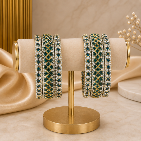 Sitara Dark Green Festive Bangle Set with 2 kada bangles and 4 side bangles featuring dark green detailing, golden latticework and sparkling stones by ENAVA