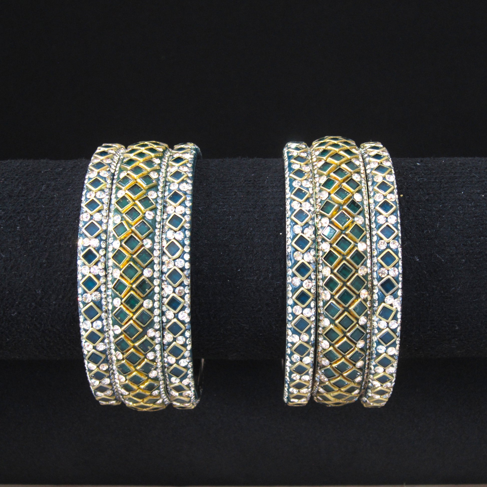 Sitara Dark Green Festive Bangle Set with 2 kada bangles and 4 side bangles featuring dark green detailing, golden latticework and sparkling stones by ENAVA
