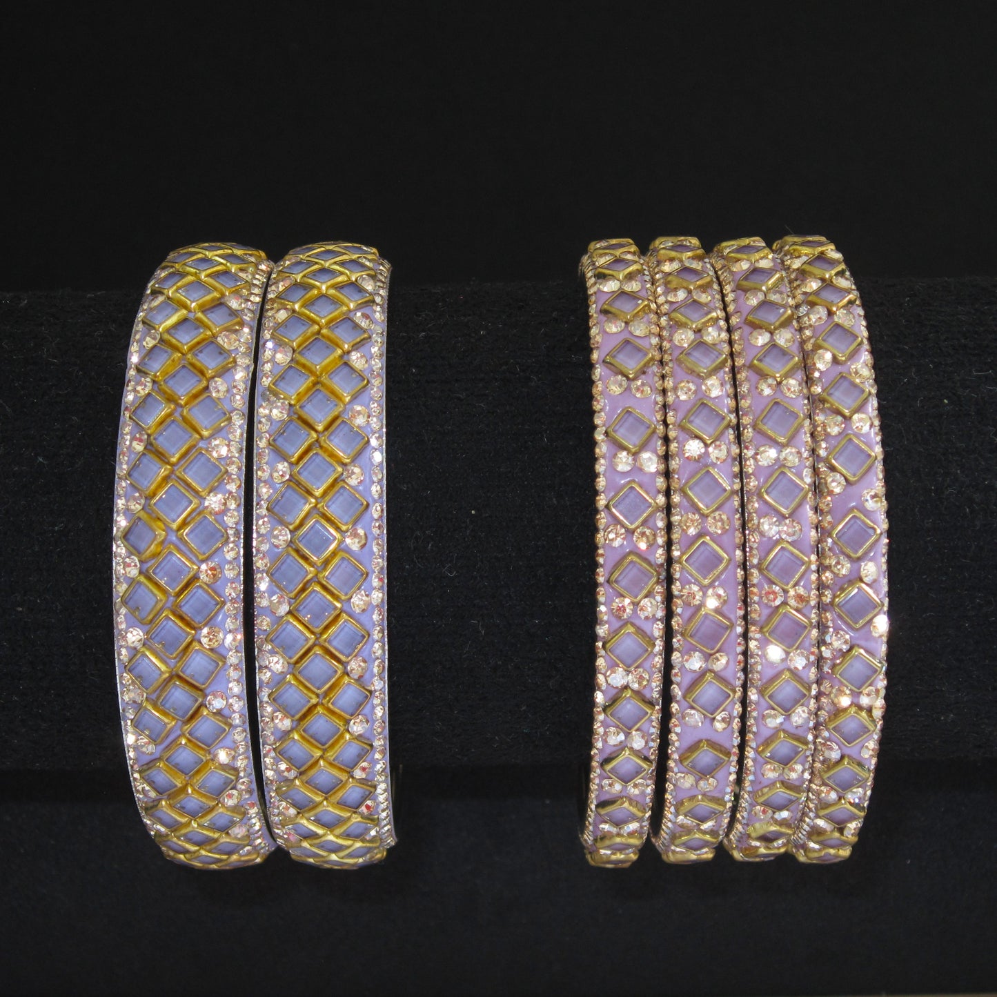 Sitara Light Purple Festive Bangle Set with 2 kada bangles and 4 side bangles featuring light purple detailing, golden latticework and sparkling stones by ENAVA