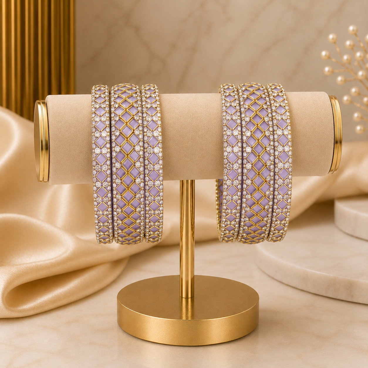 Sitara Light Purple Festive Bangle Set with 2 kada bangles and 4 side bangles featuring light purple detailing, golden latticework and sparkling stones by ENAVA