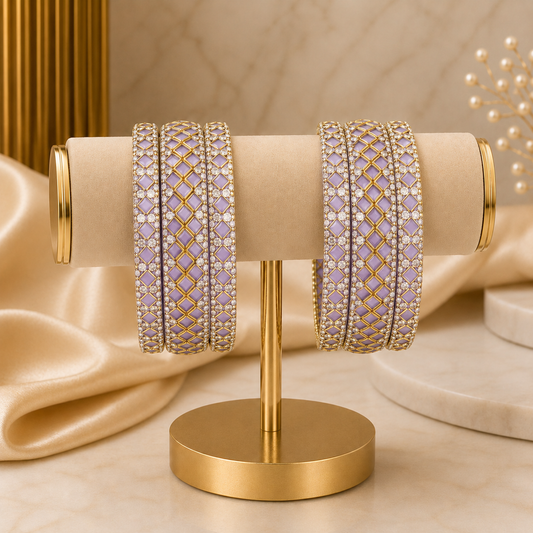 Sitara Light Purple Festive Bangle Set with 2 kada bangles and 4 side bangles featuring light purple detailing, golden latticework and sparkling stones by ENAVA
