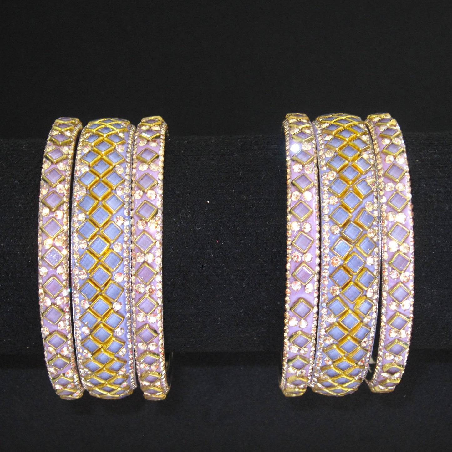 Sitara Light Purple Festive Bangle Set with 2 kada bangles and 4 side bangles featuring light purple detailing, golden latticework and sparkling stones by ENAVA