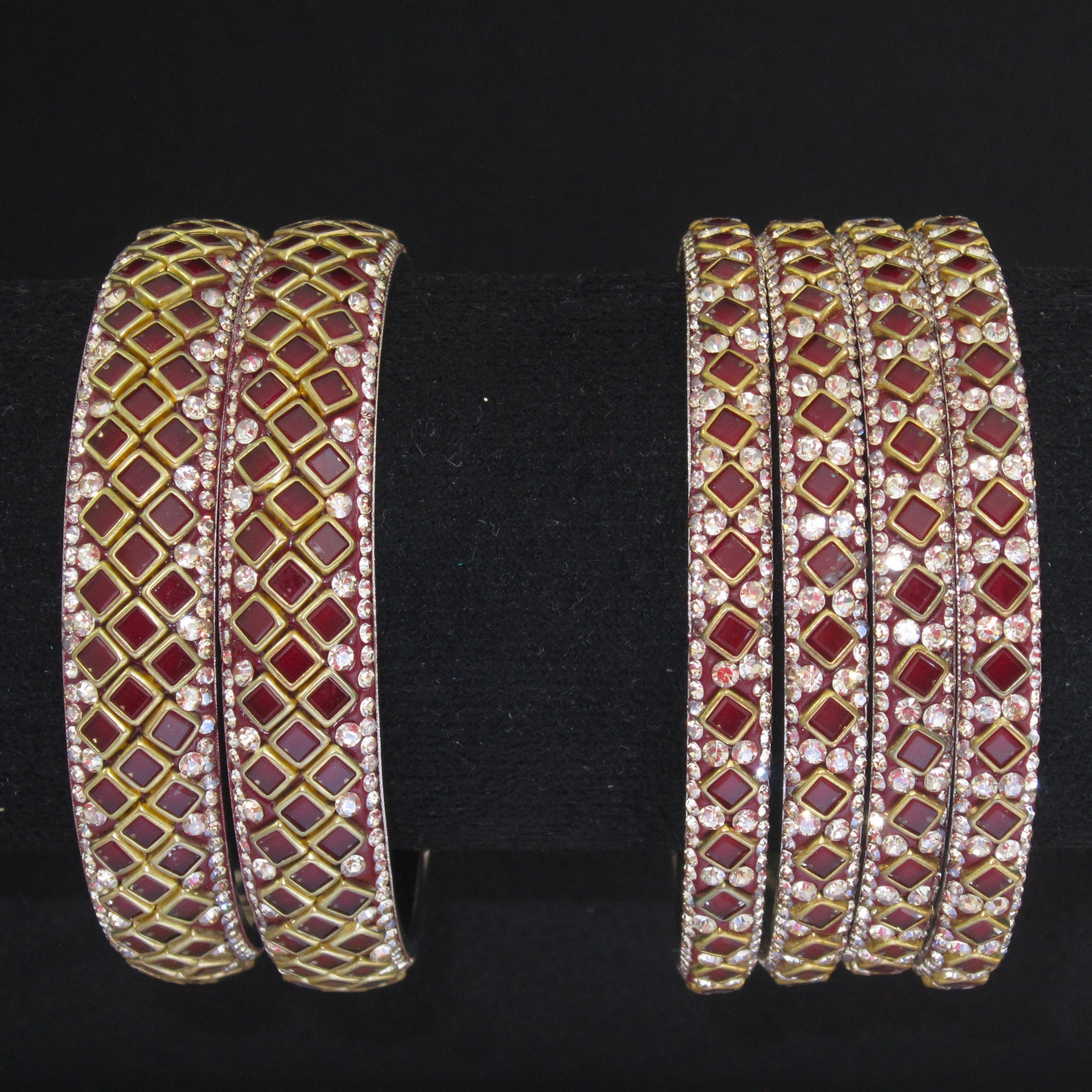Sitara Maroon Festive Bangle Set with 2 kada bangles and 4 side bangles featuring rich maroon detailing, golden latticework and sparkling stones by ENAVA
