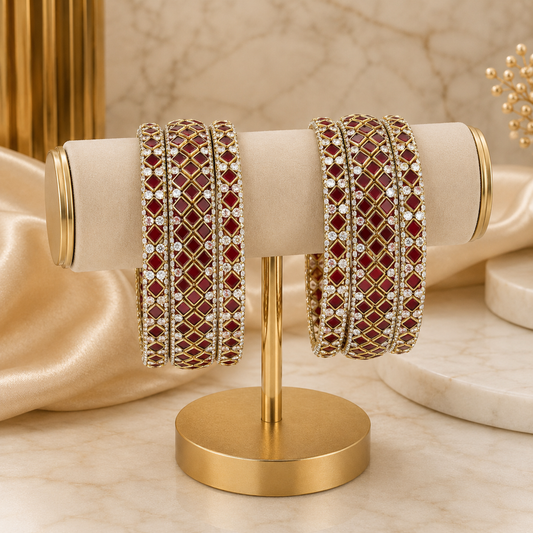 Sitara Maroon Festive Bangle Set with 2 kada bangles and 4 side bangles featuring rich maroon detailing, golden latticework and sparkling stones by ENAVA