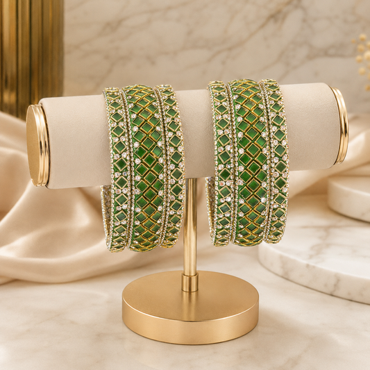 Sitara Mehendi Festive Bangle Set with 2 kada bangles and 4 side bangles featuring green detailing, golden latticework and sparkling stones by ENAVA