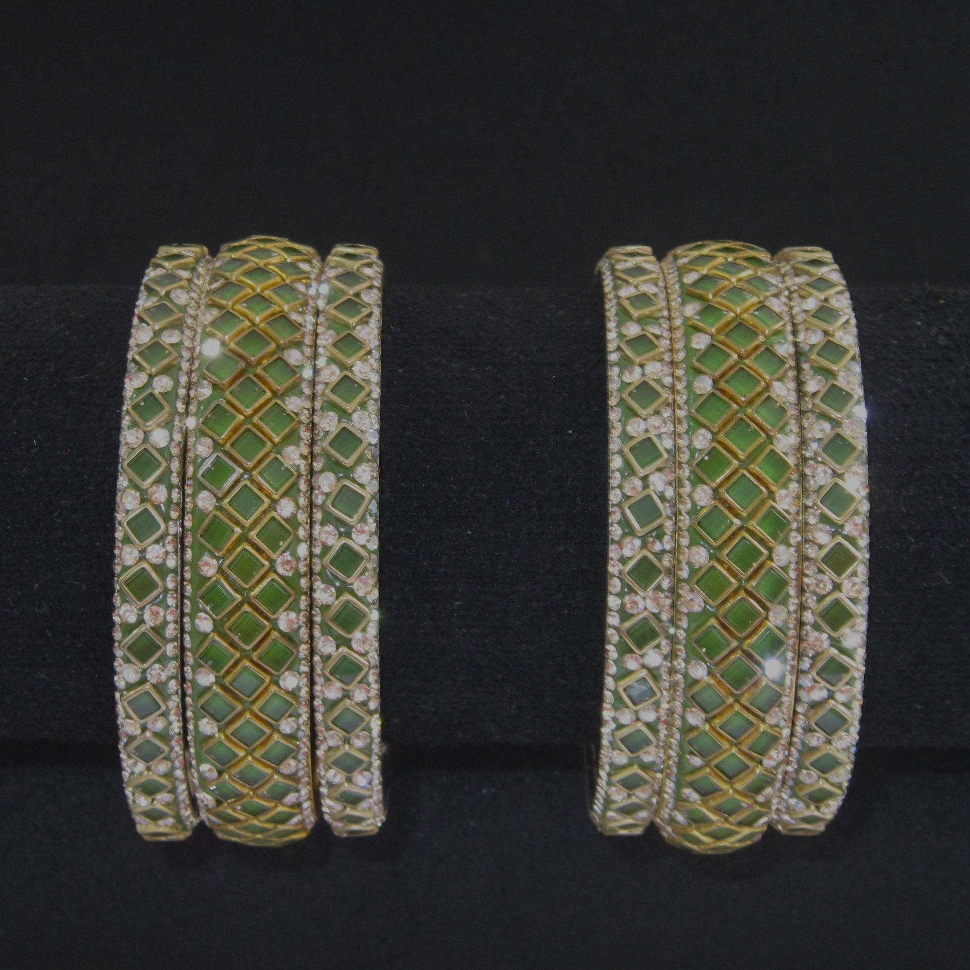 Sitara Mehendi Festive Bangle Set with 2 kada bangles and 4 side bangles featuring green detailing, golden latticework and sparkling stones by ENAVA