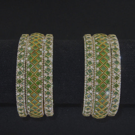 Sitara Mehendi Festive Bangle Set with 2 kada bangles and 4 side bangles featuring green detailing, golden latticework and sparkling stones by ENAVA