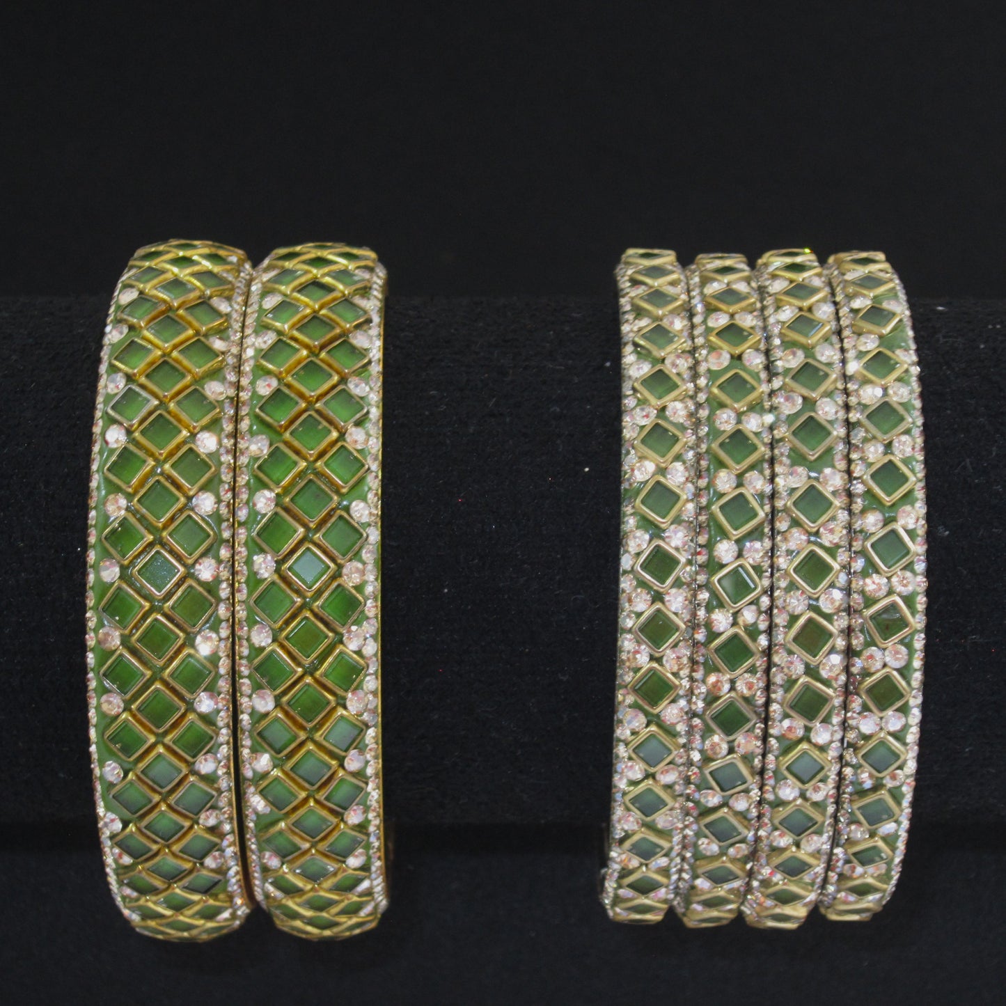 Sitara Mehendi Festive Bangle Set with 2 kada bangles and 4 side bangles featuring green detailing, golden latticework and sparkling stones by ENAVA