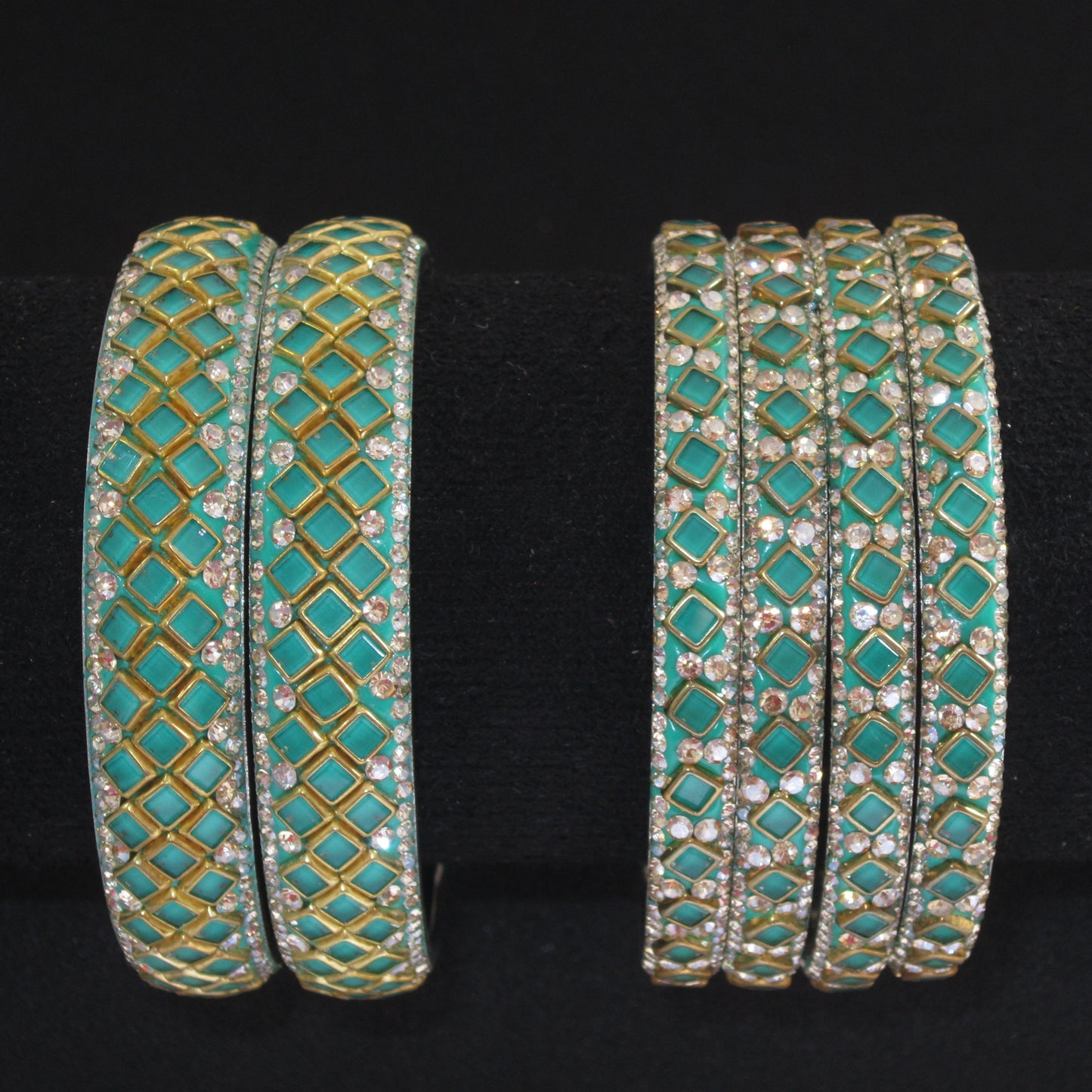 Sitara Radium Festive Bangle Set with 2 kada bangles and 4 side bangles featuring radium green detailing, golden latticework and sparkling stones by ENAVA