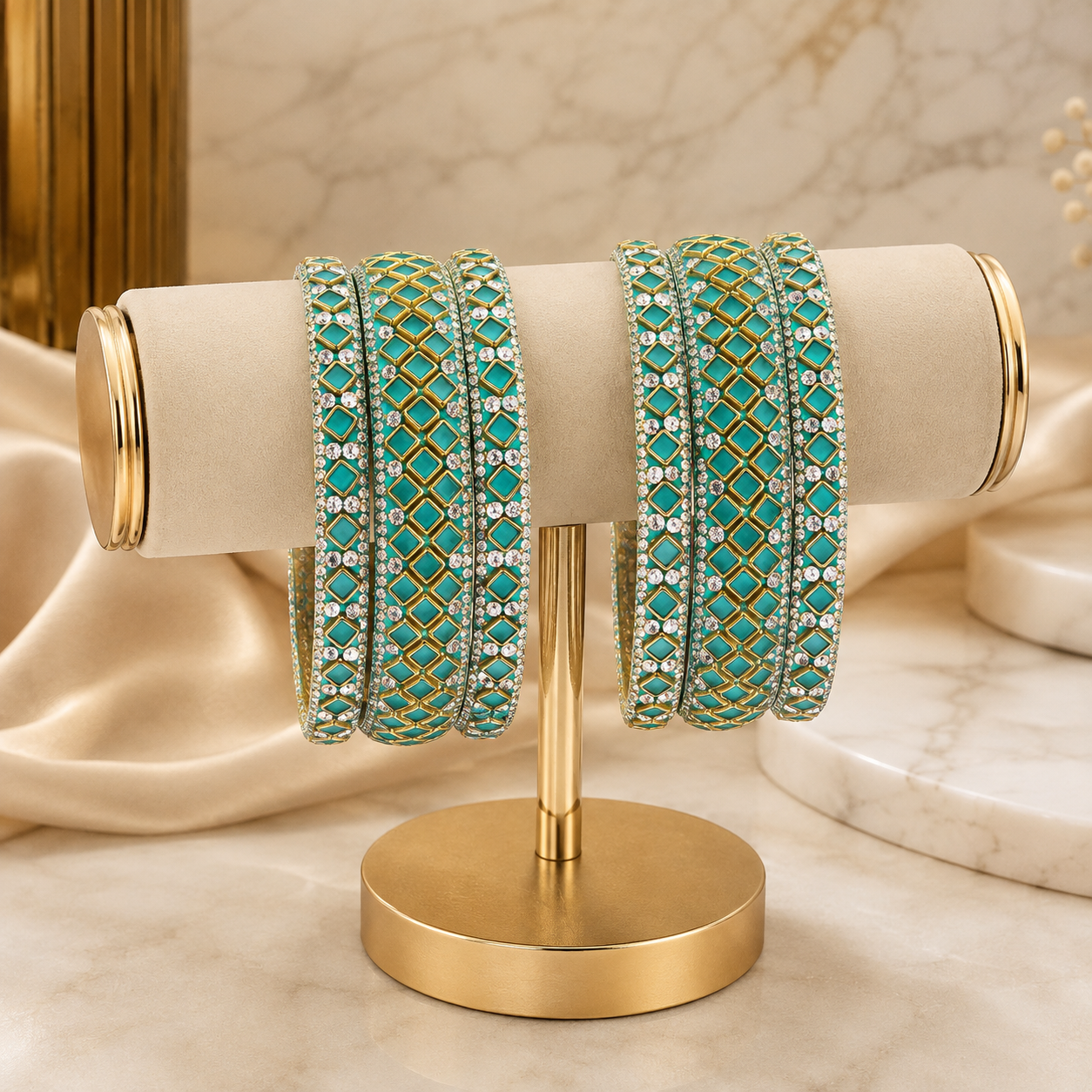 Sitara Radium Festive Bangle Set with 2 kada bangles and 4 side bangles featuring radium green detailing, golden latticework and sparkling stones by ENAVA