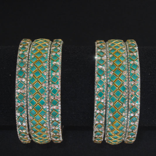 Sitara Radium Festive Bangle Set with 2 kada bangles and 4 side bangles featuring radium green detailing, golden latticework and sparkling stones by ENAVA