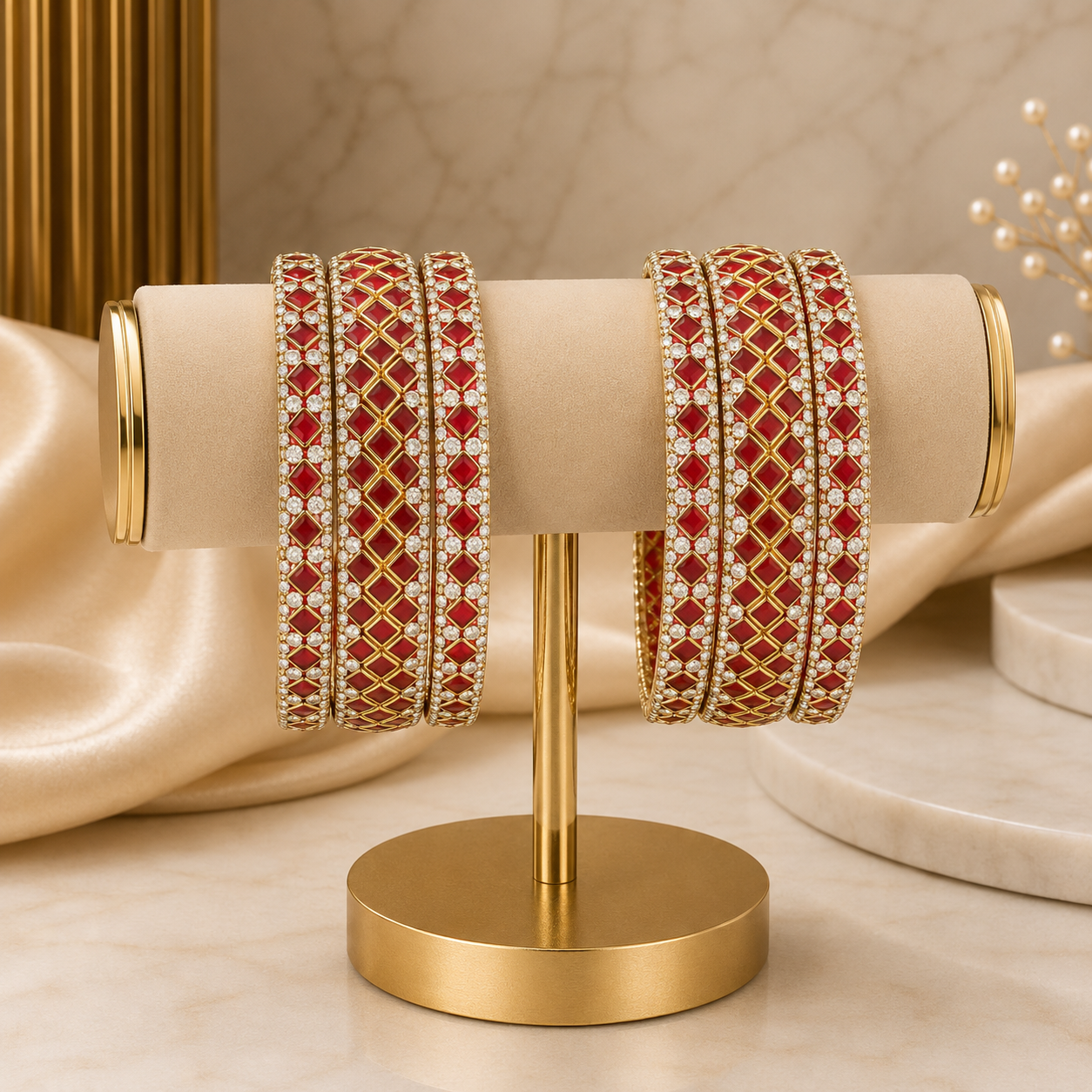Sitara Red Festive Bangle Set with 2 kada bangles and 4 side bangles featuring vibrant red detailing, golden latticework and sparkling stones by ENAVA