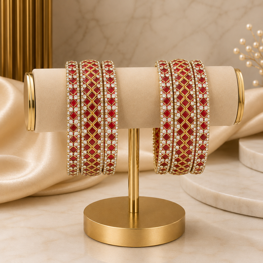 Sitara Red Festive Bangle Set with 2 kada bangles and 4 side bangles featuring vibrant red detailing, golden latticework and sparkling stones by ENAVA