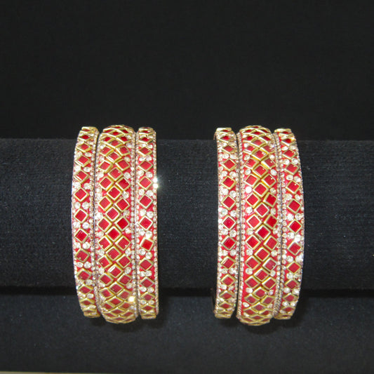 Sitara Red Festive Bangle Set with 2 kada bangles and 4 side bangles featuring vibrant red detailing, golden latticework and sparkling stones by ENAVA