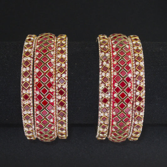Sitara Red Maroon Festive Bangle Set with 2 kada bangles and 4 side bangles featuring maroon red detailing, golden latticework and sparkling stones by ENAVA