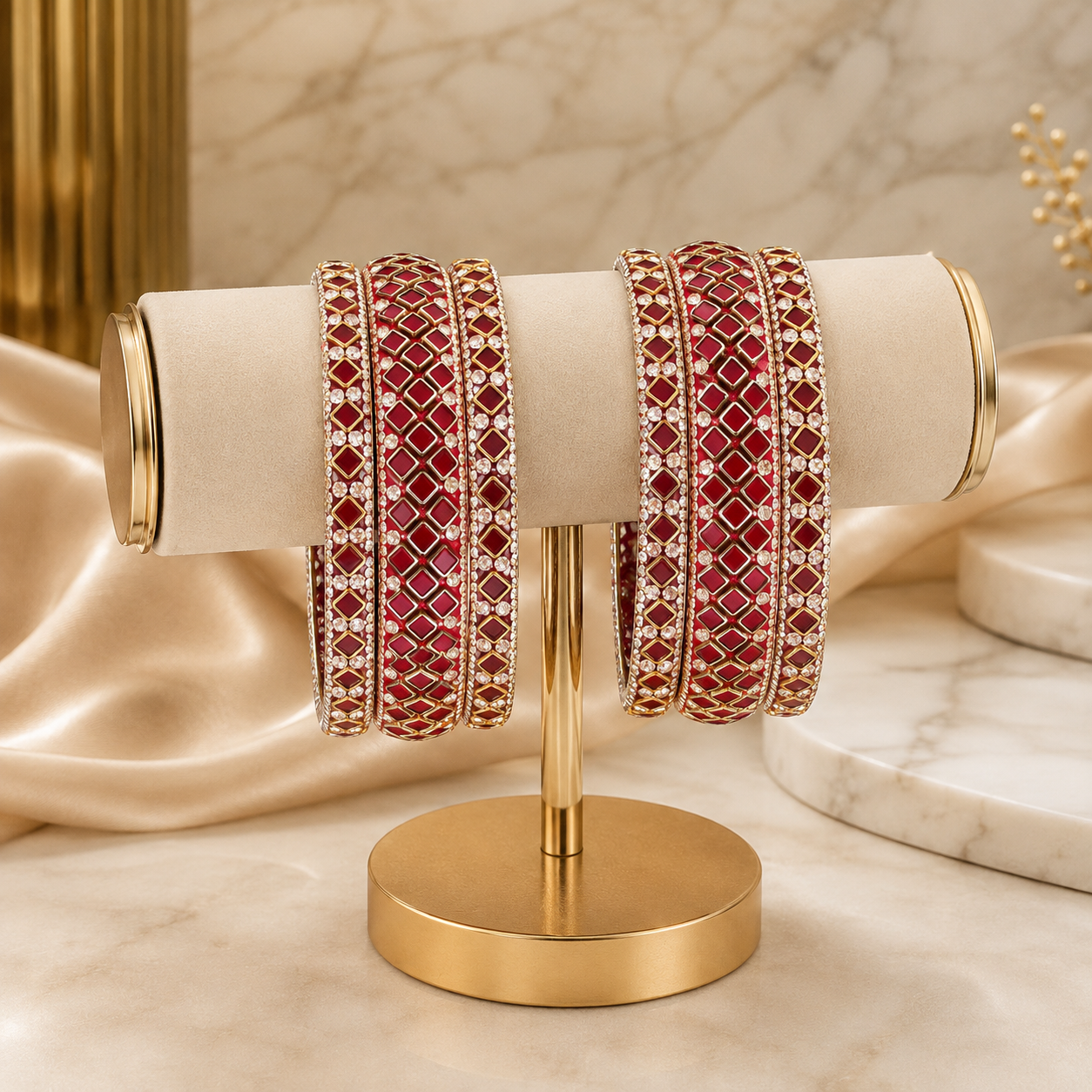 Sitara Red Maroon Festive Bangle Set with 2 kada bangles and 4 side bangles featuring maroon red detailing, golden latticework and sparkling stones by ENAVA