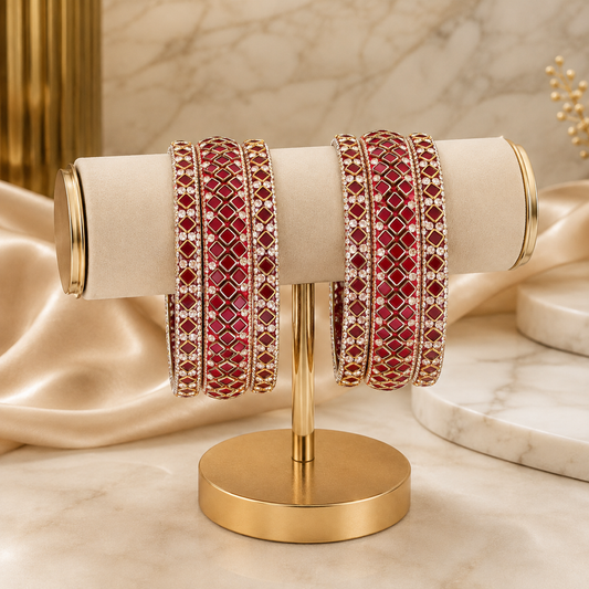 Sitara Red Maroon Festive Bangle Set with 2 kada bangles and 4 side bangles featuring maroon red detailing, golden latticework and sparkling stones by ENAVA