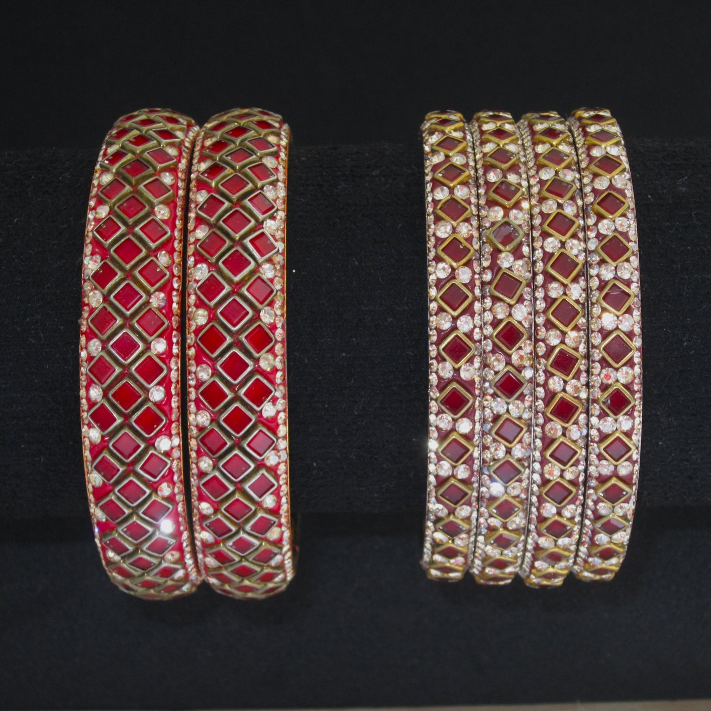 Sitara Red Maroon Festive Bangle Set with 2 kada bangles and 4 side bangles featuring maroon red detailing, golden latticework and sparkling stones by ENAVA