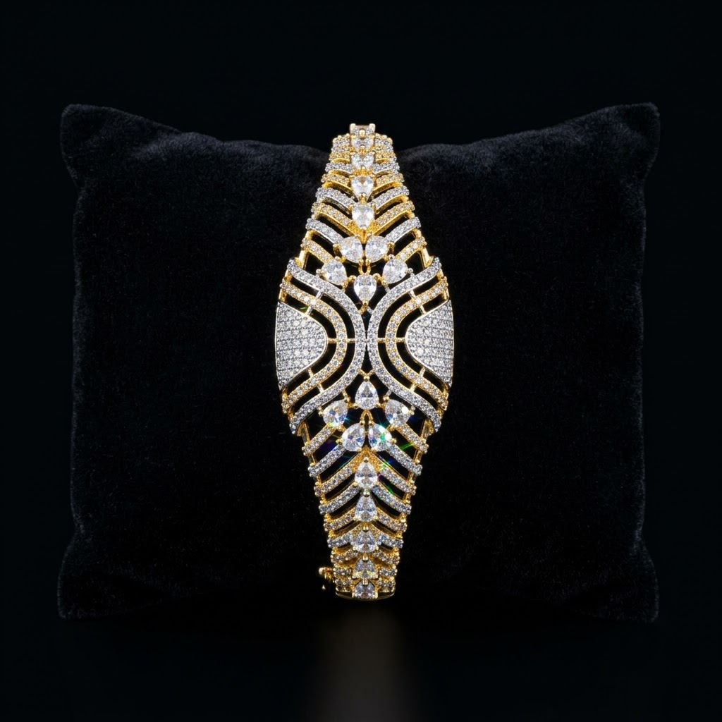 Solara AD Golden Bracelet with broad two-tone gold and silver finish, intricate sparkling American Diamond AD stones and designer detailing by ENAVA.