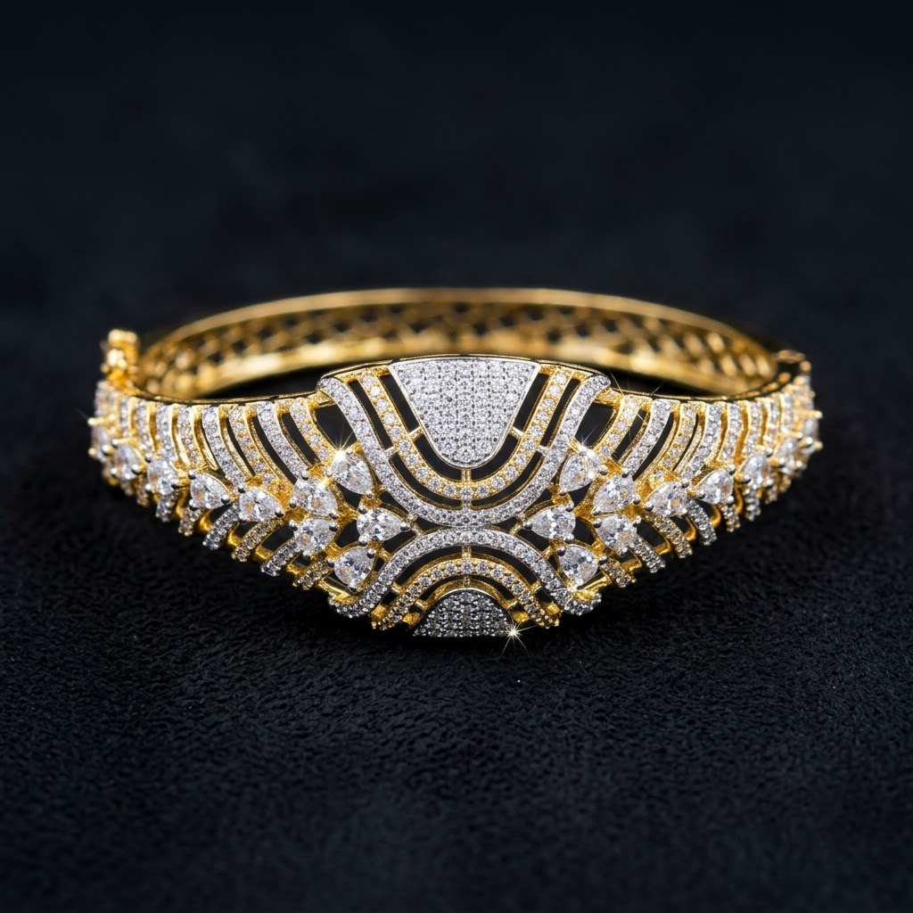 Solara AD Golden Bracelet with broad two-tone gold and silver finish, intricate sparkling American Diamond AD stones and designer detailing by ENAVA.