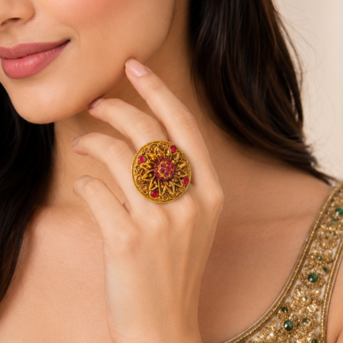 A close-up lifestyle shot of a woman wearing an ornate, circular gold ring decorated with red gemstones and intricate filigree work.