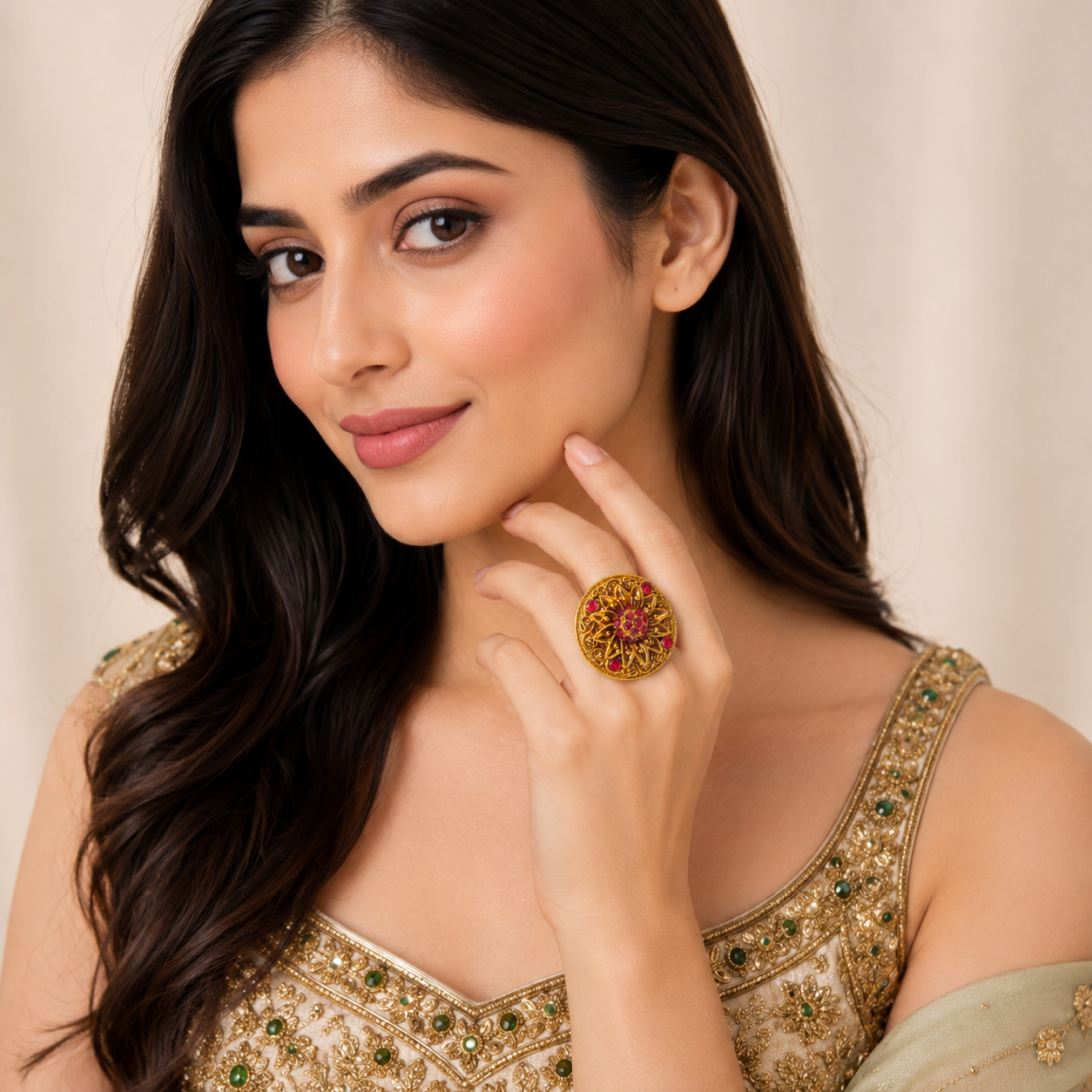 Swarna Petals Ruby Pink Antique Finish Ring by Enava featuring a handcrafted floral sunburst design with antique gold finish and ruby pink stones, traditional ethnic statement ring for women, ideal for weddings, festive wear, Rajwadi jewellery, and bridal accessories.
