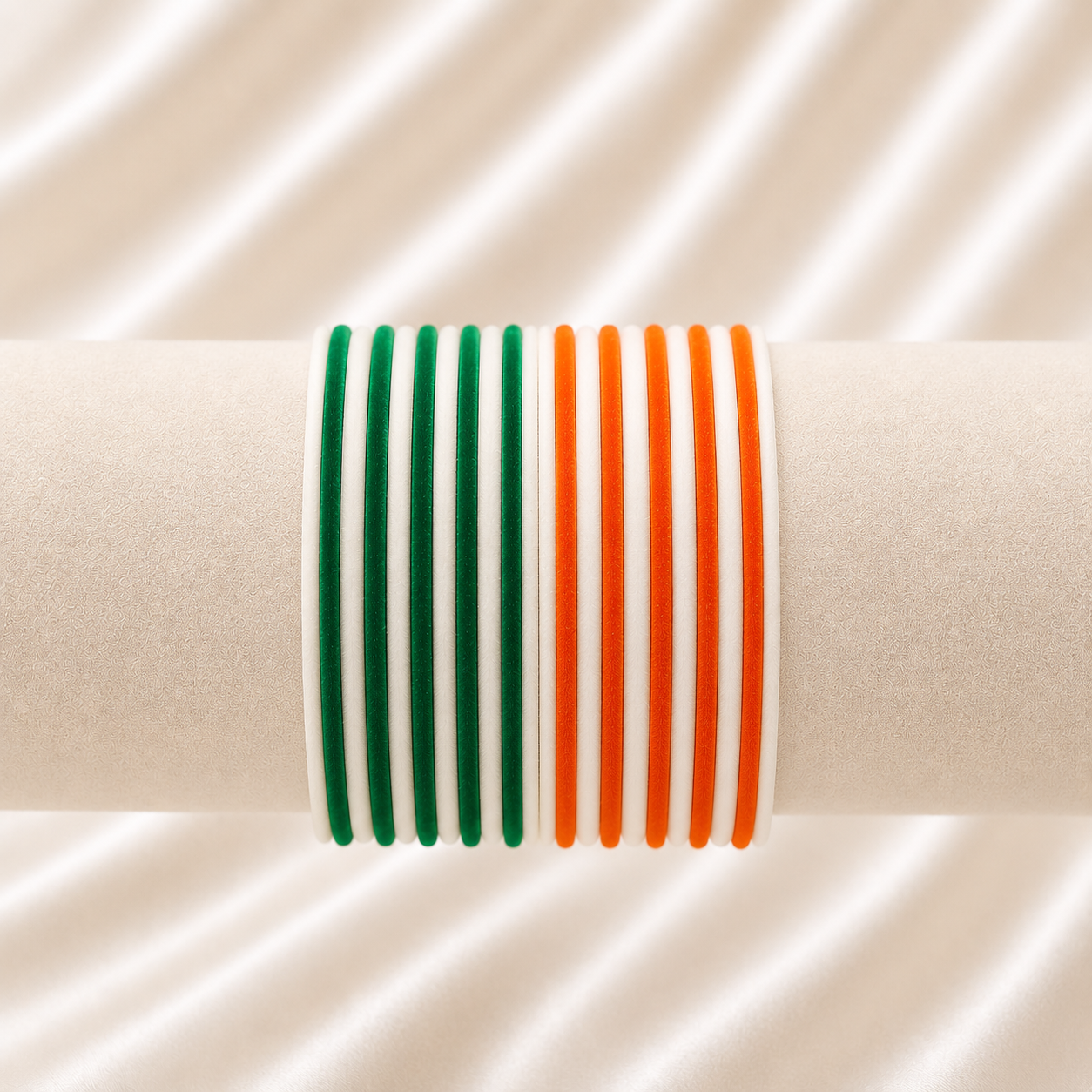 Eternal Tiranga Glossy Metal Bangles by Enava featuring a premium set of 24 glossy aluminum bangles in saffron, white, and green tricolor combination for Independence Day celebrations, patriotic events, cultural programs, festive occasions, and traditional ethnic wear.