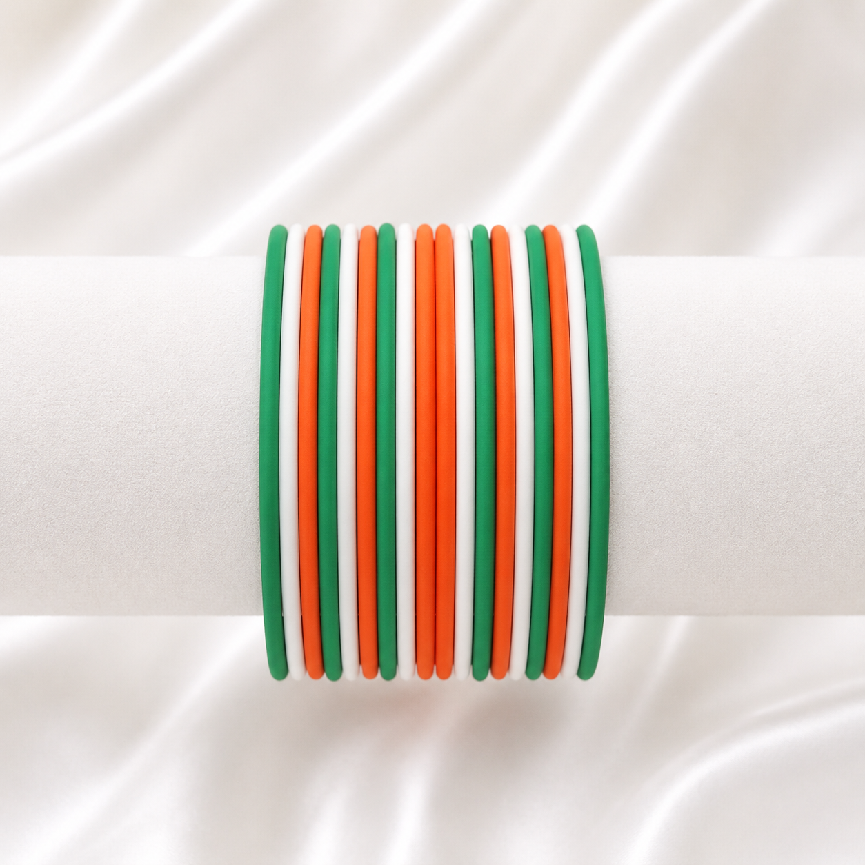 Triveni Elegance Matte Metal Bangles by Enava featuring premium saffron, white, and green tricolour matte finish aluminium bangles, lightweight 24 bangle set for Independence Day, Republic Day, patriotic celebrations, cultural events, ethnic wear, and festive jewellery.