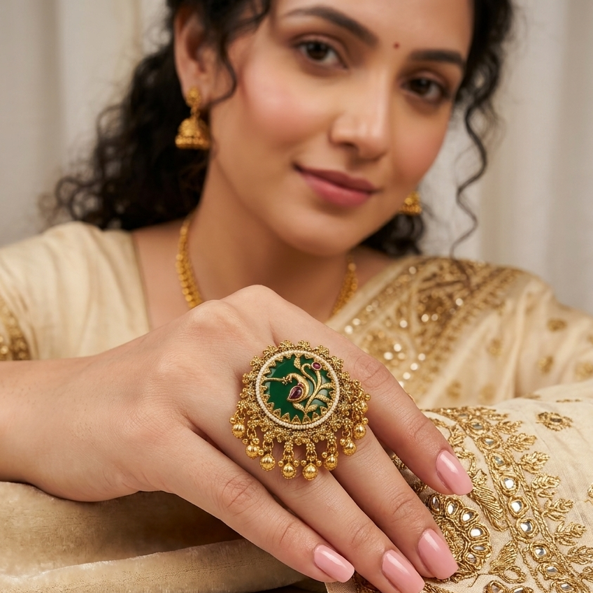 Vanmayuri Heritage Antique Emerald Green Ghungroo Ring by Enava featuring an adjustable antique gold statement ring with emerald green enamel, floral vine design, pearl border and decorative ghungroo charms, perfect for wedding jewellery, festive wear and traditional ethnic outfits.