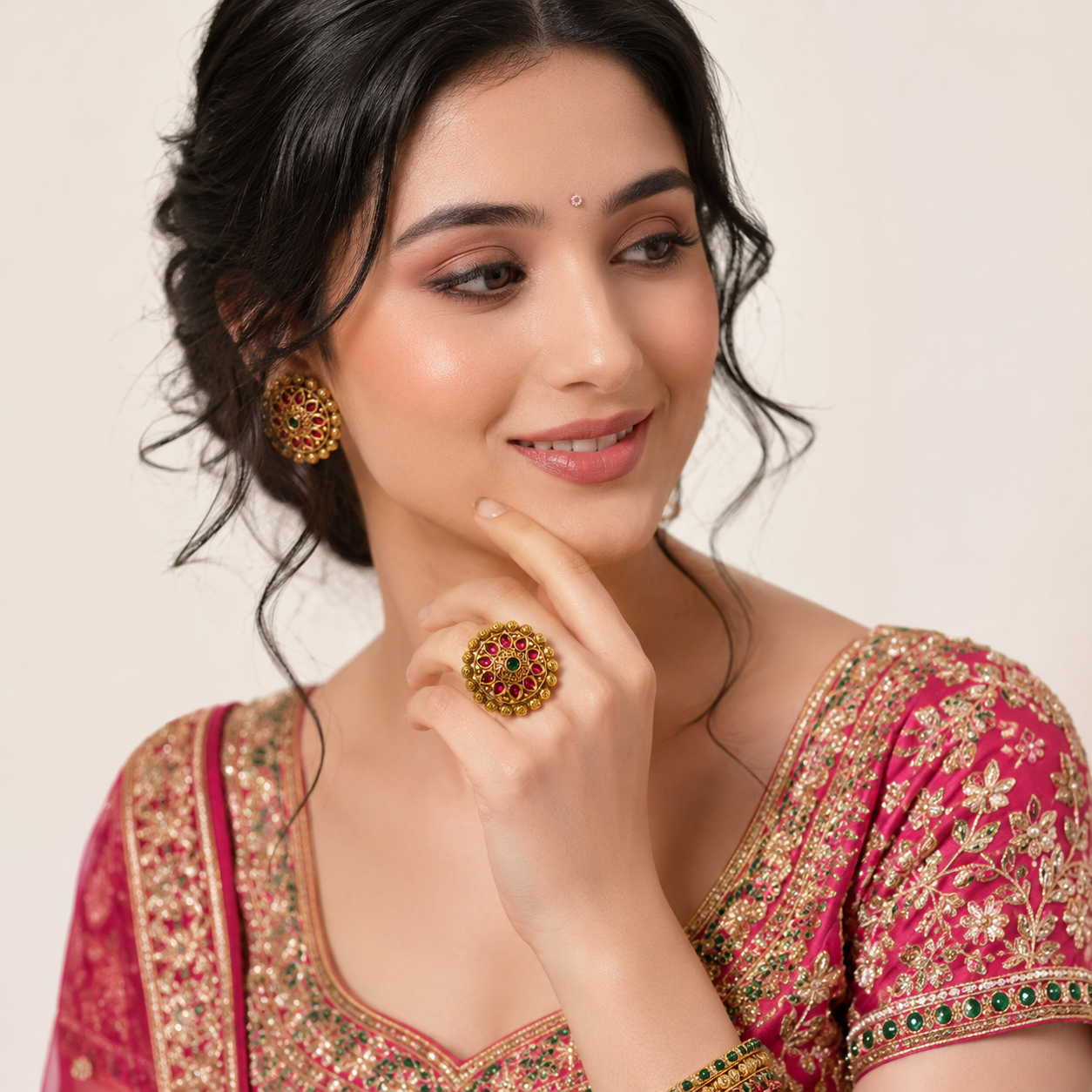 Varnika Temple Ethnic & Traditional Antique Finish Ring by Enava featuring ruby pink teardrop stones, emerald green centre stone, antique gold finish, adjustable temple-inspired statement ring for weddings, festivals, poojas, and ethnic occasions.