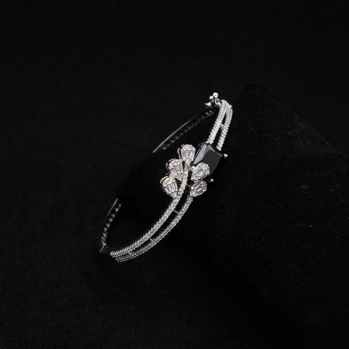 Velmora AD Sparkling Black Bracelet with premium black center stone and sparkling American Diamond AD detailing, silver-tone designer bracelet for women by ENAVA.