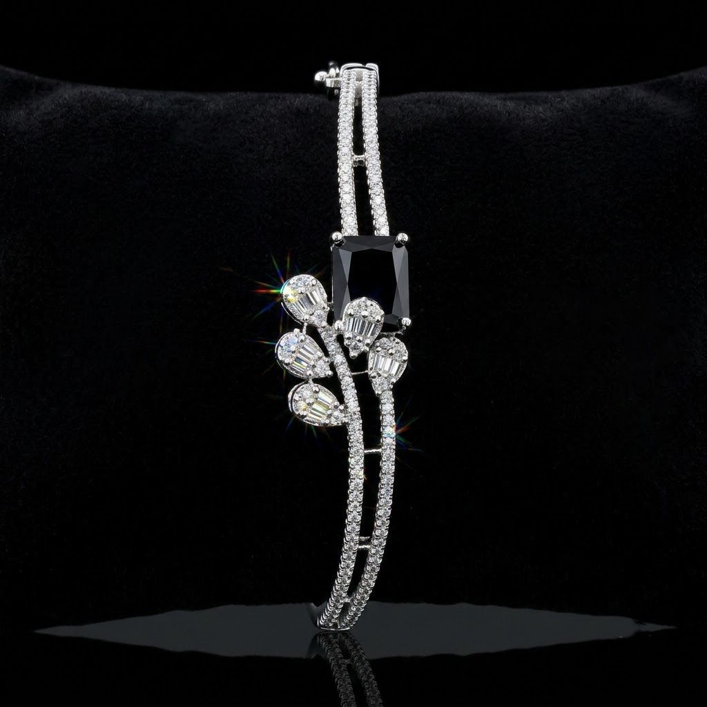 Velmora AD Sparkling Black Bracelet with premium black center stone and sparkling American Diamond AD detailing, silver-tone designer bracelet for women by ENAVA.