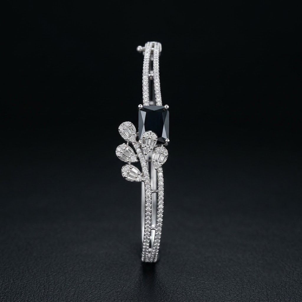 Velmora AD Sparkling Black Bracelet with premium black center stone and sparkling American Diamond AD detailing, silver-tone designer bracelet for women by ENAVA.