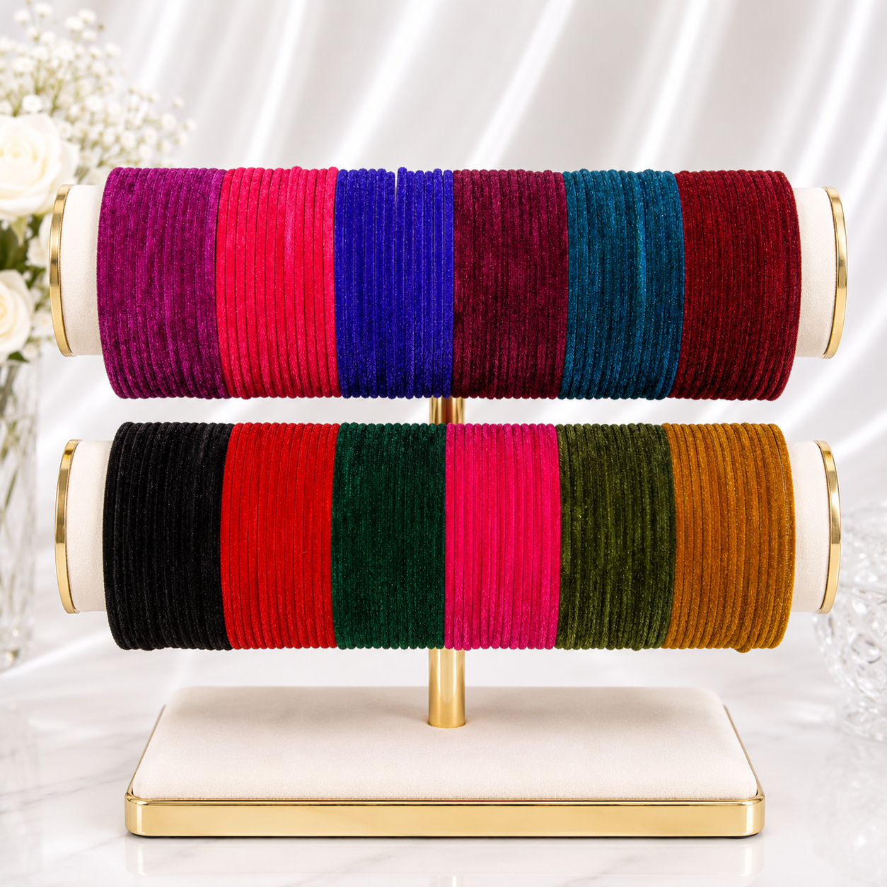 A jewelry display stand holding two horizontal rows of colorful corduroy bangles. The bangles feature vertical stripes in purple, pink, blue, burgundy, teal, red, black, green, and mustard, with gold-tone metal ends and a white marble-style base with gold trim.