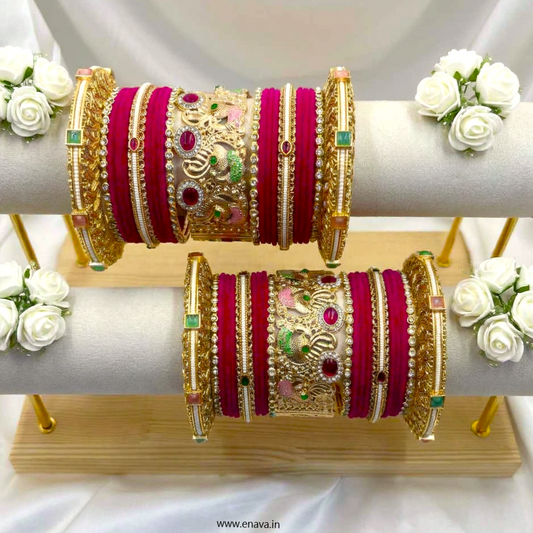 Wedding Rajwadi Stone Meenakari Peacock Pearl Pacheli Set with Velvet Bangles by Enava