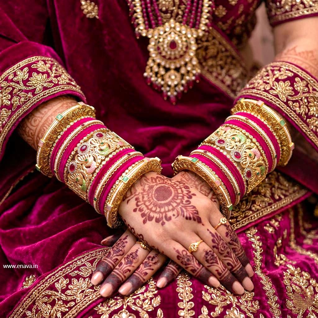 Wedding Rajwadi Stone Meenakari Peacock Pearl Pacheli Set with Velvet Bangles by Enava