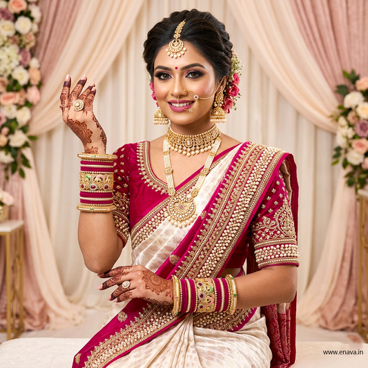 Wedding Rajwadi Stone Meenakari Peacock Pearl Pacheli Set with Velvet Bangles by Enava
