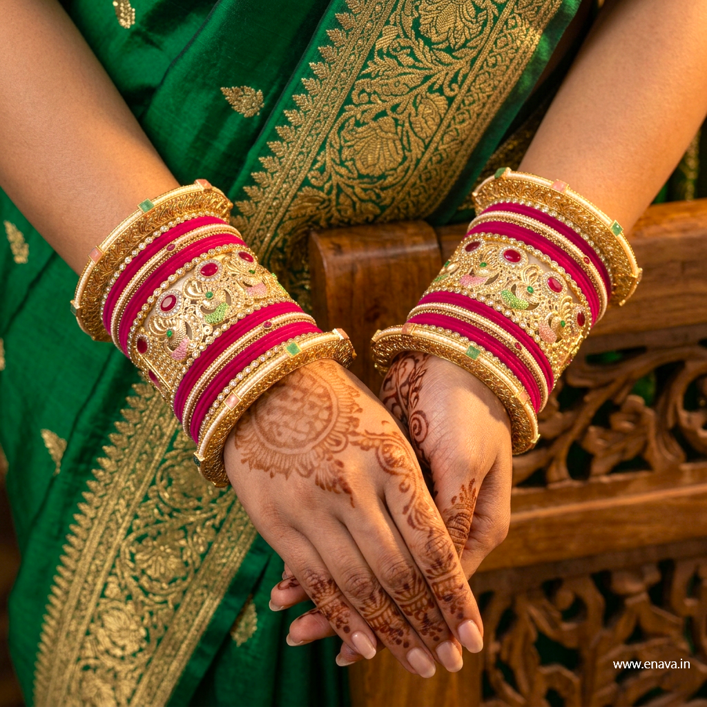 Wedding Rajwadi Stone Meenakari Peacock Pearl Pacheli Set with Velvet Bangles by Enava