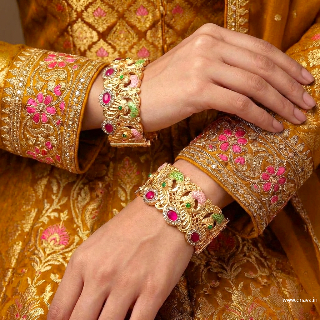 Wedding Rajwadi Stone Meenakari Peacock Pearl Pacheli Set with Velvet Bangles by Enava