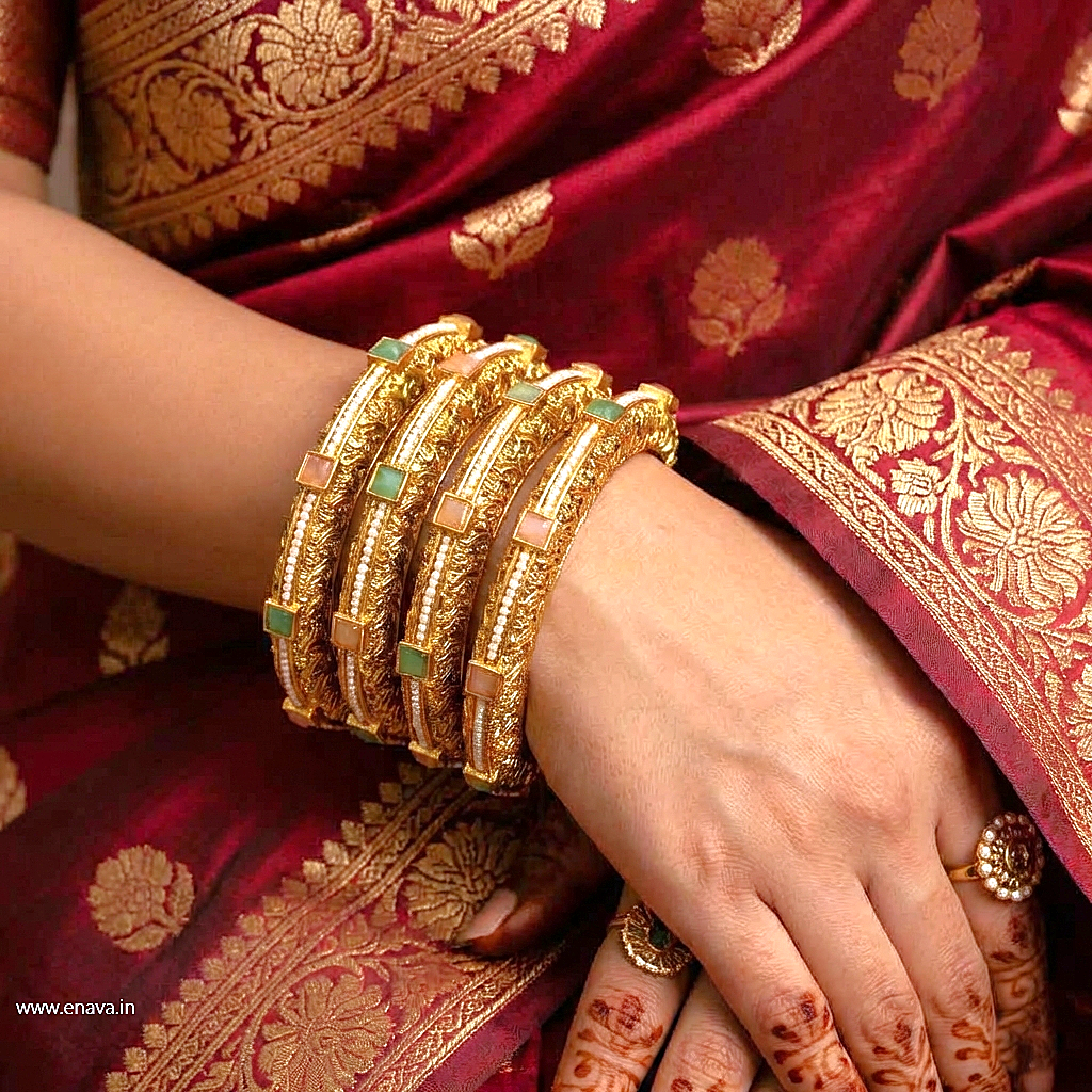 Wedding Rajwadi Stone Meenakari Peacock Pearl Pacheli Set with Velvet Bangles by Enava