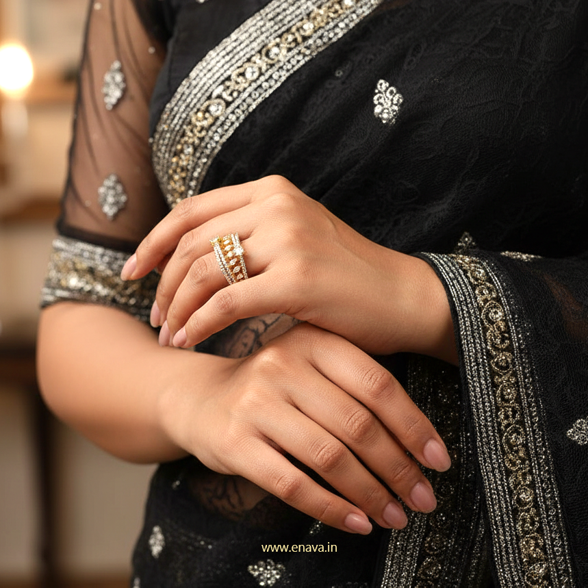 American Diamond CZ Gold Plated Adjustable Ring by Enava Ring Enava Jewels.