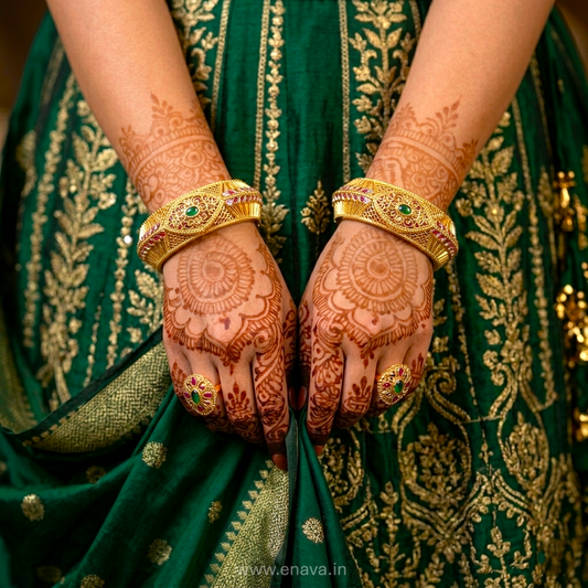Rajwadi Green and Ruby Kundan Heritage Kada Bangles by Enava