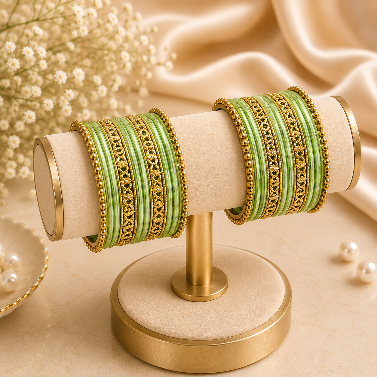 A set of green bangles with gold trim displayed on a gold stand with a beige velvet cushion, set against a soft beige background with satin fabric, baby's breath, and pearl props.