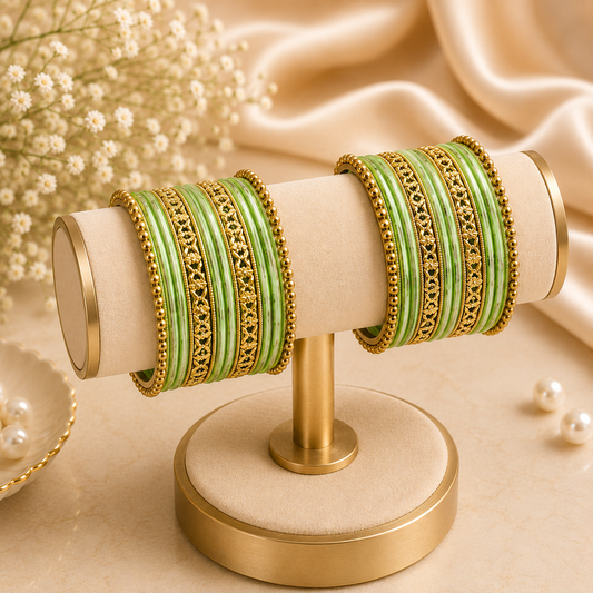 A set of green bangles with gold trim displayed on a gold stand with a beige velvet cushion, set against a soft beige background with satin fabric, baby's breath, and pearl props.