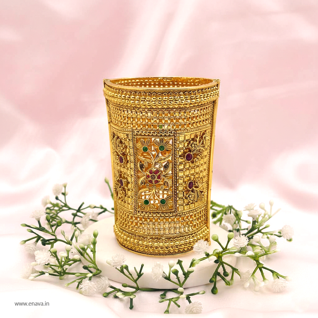 Rajwadi Floral Green & Ruby Kada Bangles by Enava