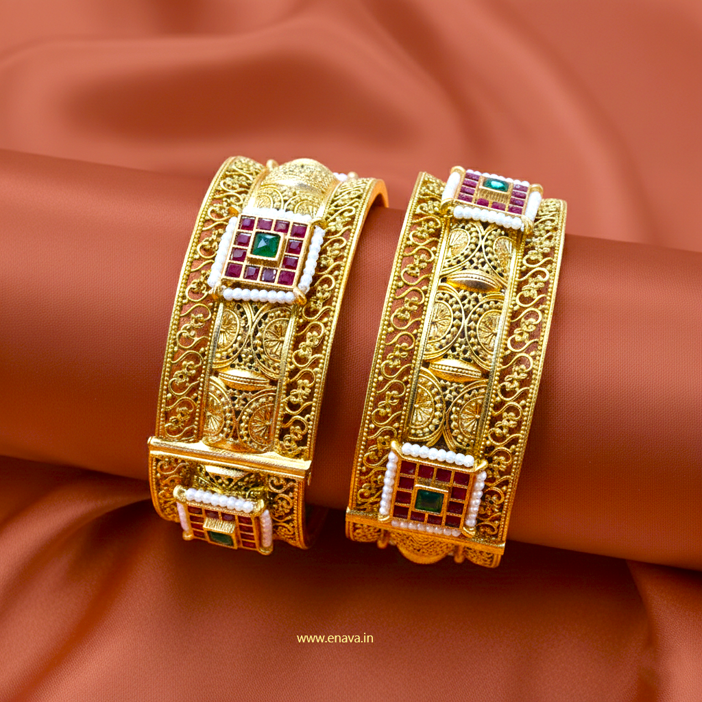 Rajwadi Kundan Pearl Royale Bangles by Enava