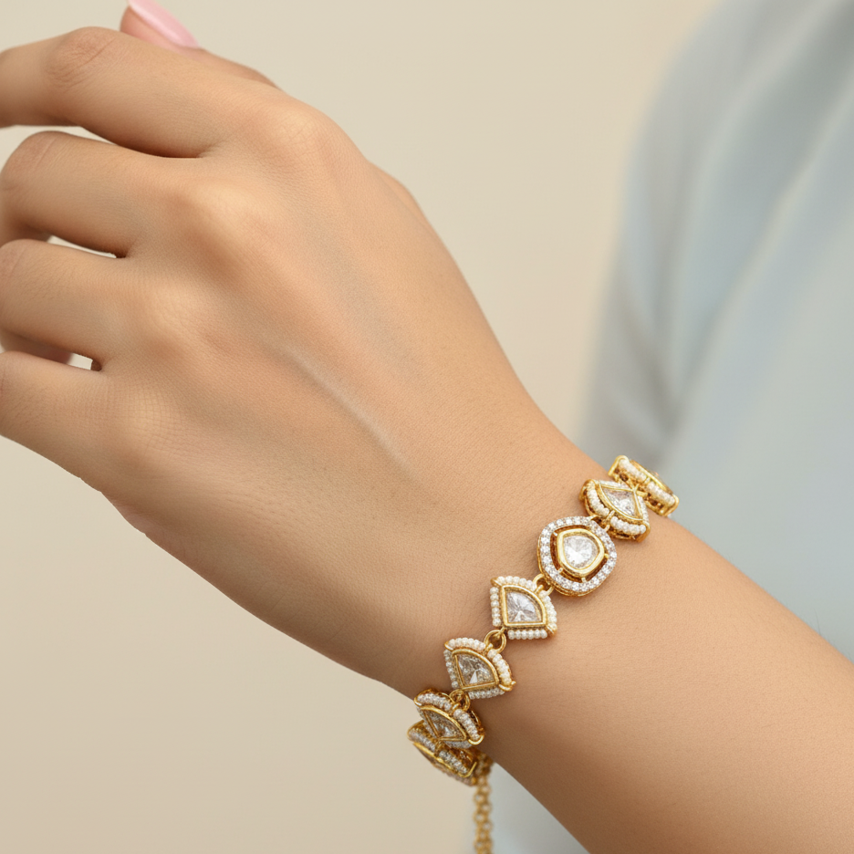 Ivory White Kundan Adjustable Bracelet with Gold Plating By Enava