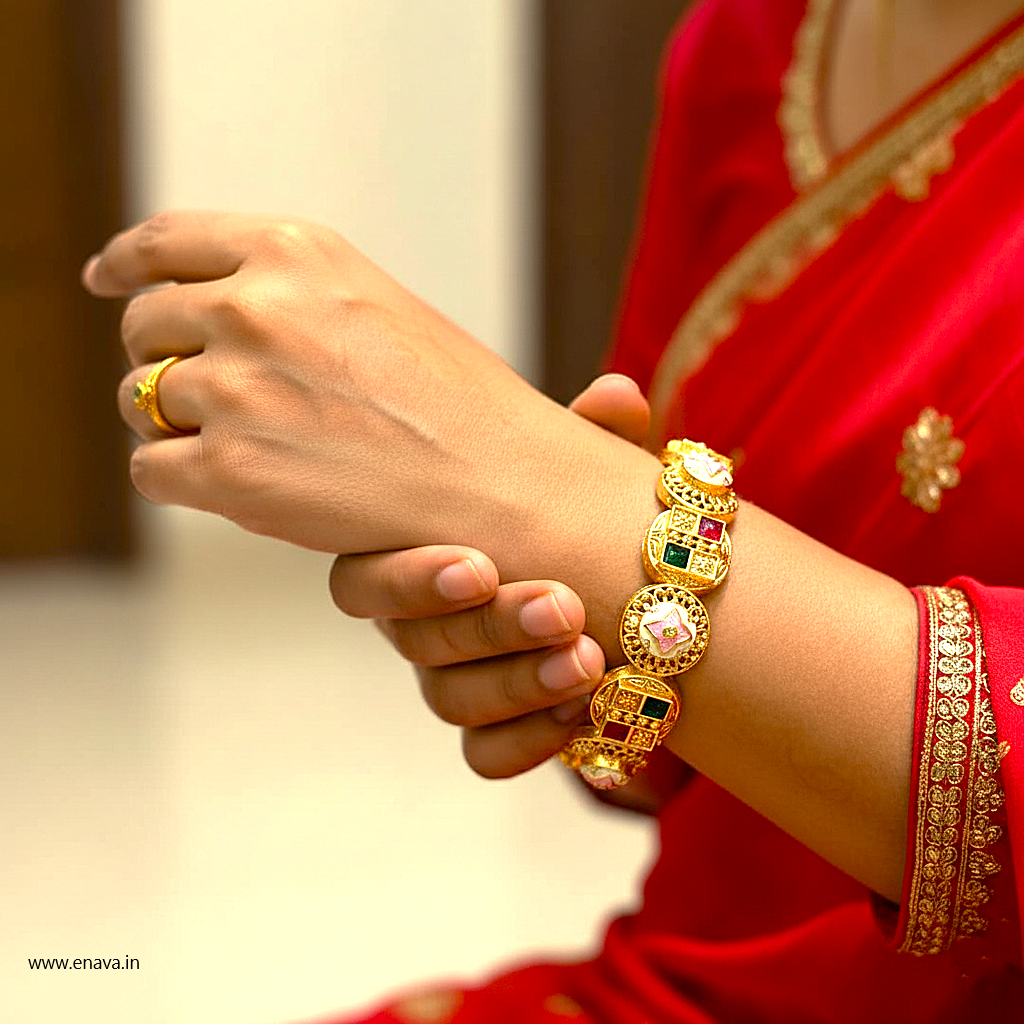 Rajwadi Red Green Stone Enamel Kundan Gold Plated Bangles by Enava Bangle Enava Jewels.