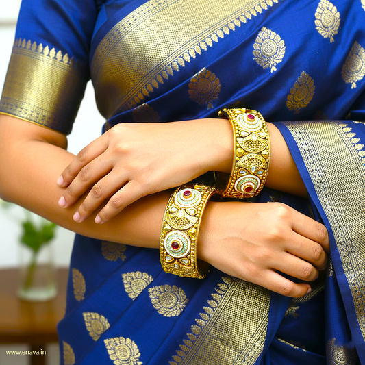 Rajwadi Pearls with Mint Green Enamel Kada Bangles by Enava