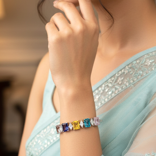 AD CZ Adjustable Multi-Color Bracelet with Rhodium Plating ADBT21003 By Enava
